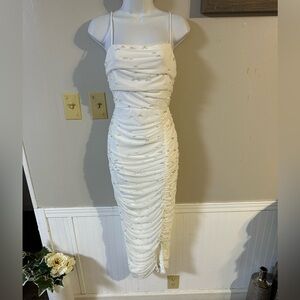 Elegant White Ruched Midi Dress with Beaded Detail